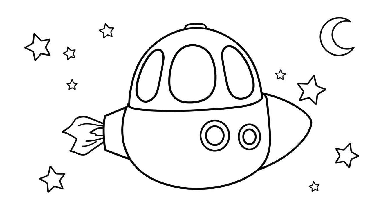 Un cohete espacial de dibujo lineal para colorear, listo para despegar hacia la luna y las estrellas, con una placa de color.