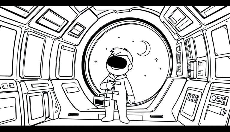 Astronauta de Among Us mirando por la ventana de una nave espacial, listo para la placa de color.