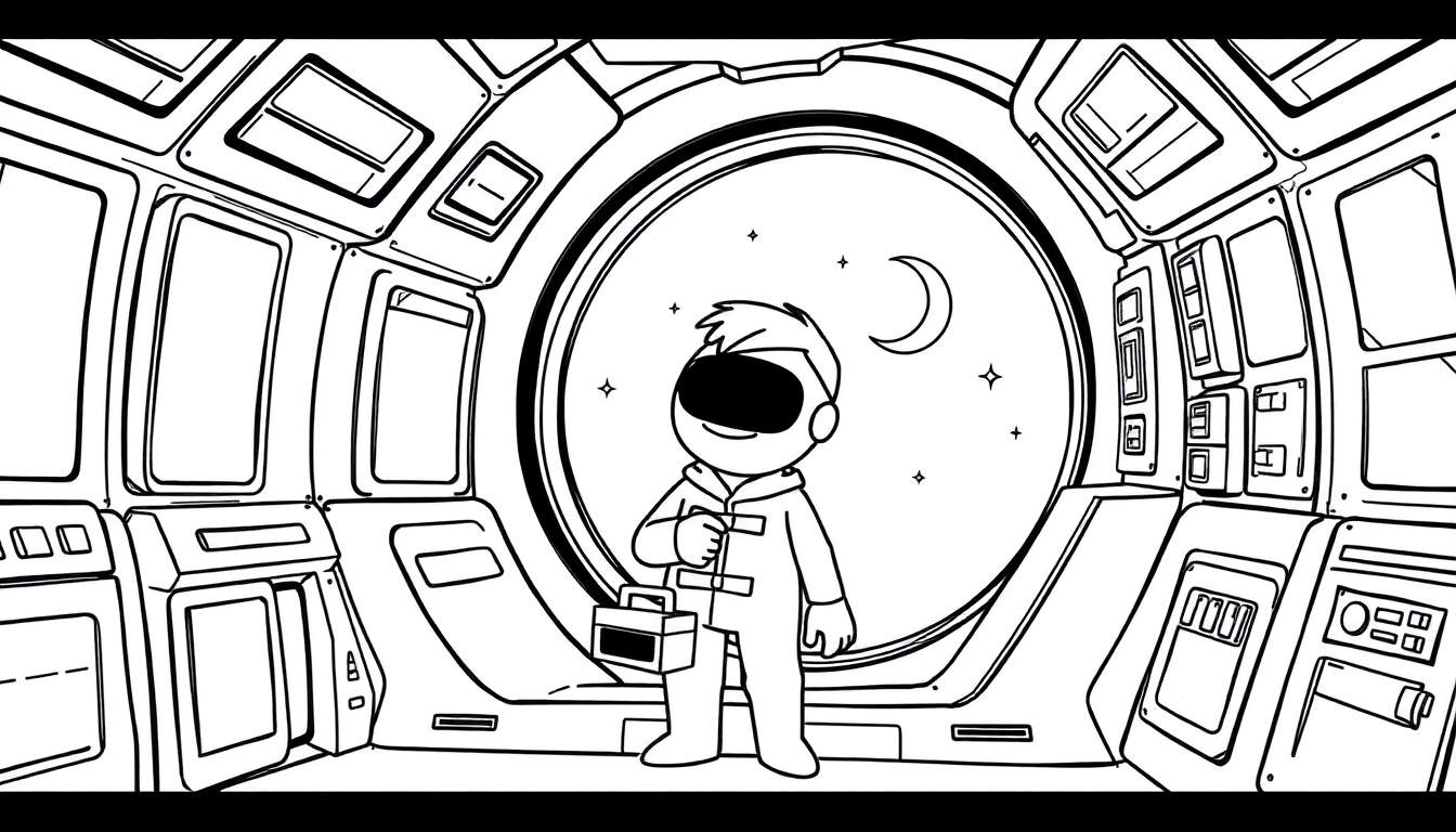 Astronauta de Among Us mirando por la ventana de una nave espacial, listo para la placa de color.