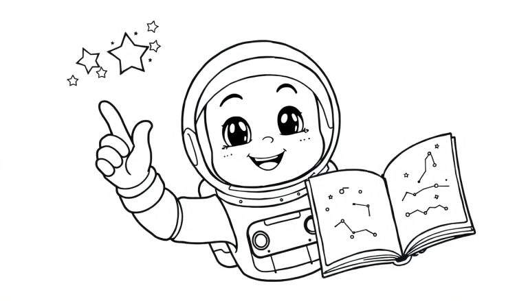 Astronauta infantil con casco y traje espacial, leyendo un libro de constelaciones y señalando las estrellas, listo para colorear en una placa de color.
