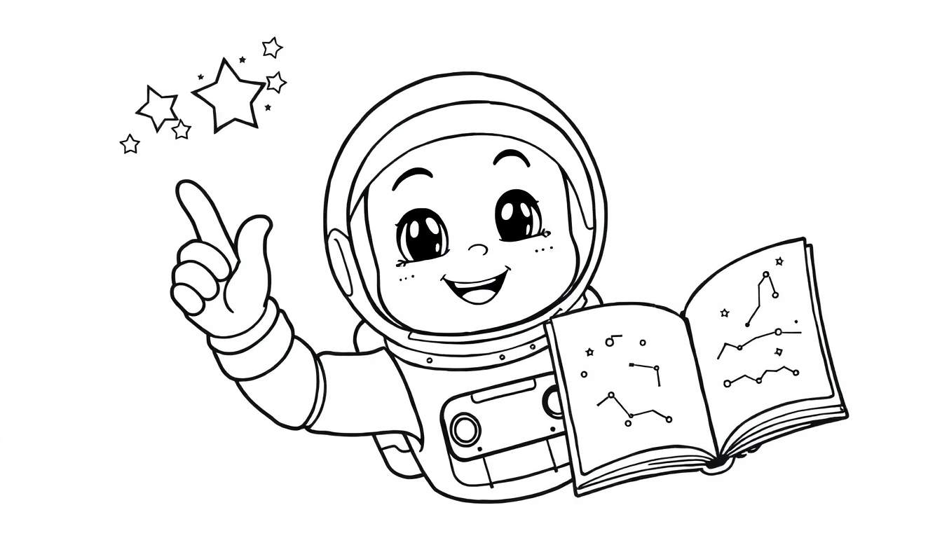 Astronauta infantil con casco y traje espacial, leyendo un libro de constelaciones y señalando las estrellas, listo para colorear en una placa de color.