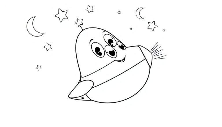 Placa de color de un extraterrestre sonriente en una nave espacial con estrellas y lunas.