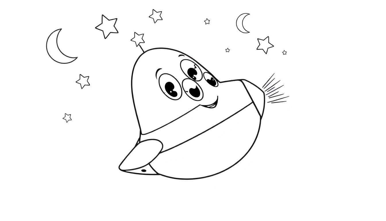 Placa de color de un extraterrestre sonriente en una nave espacial con estrellas y lunas.