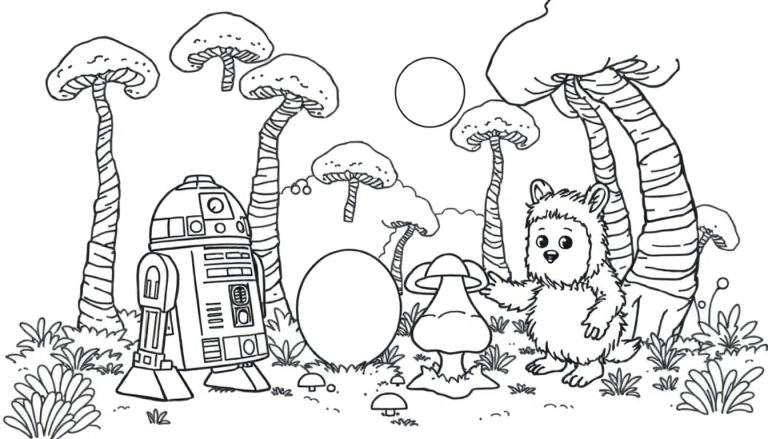 Página para colorear de R2-D2 y un Ewok en un bosque de hongos gigantes, lista para ser coloreada con círculos y óvalos en blanco.