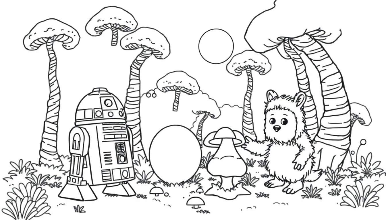 Página para colorear de R2-D2 y un Ewok en un bosque de hongos gigantes, lista para ser coloreada con círculos y óvalos en blanco.