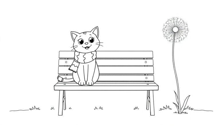 Un gato con bufanda sentado en un banco junto a un diente de león, listo para ser coloreado, ideal para una placa de color.