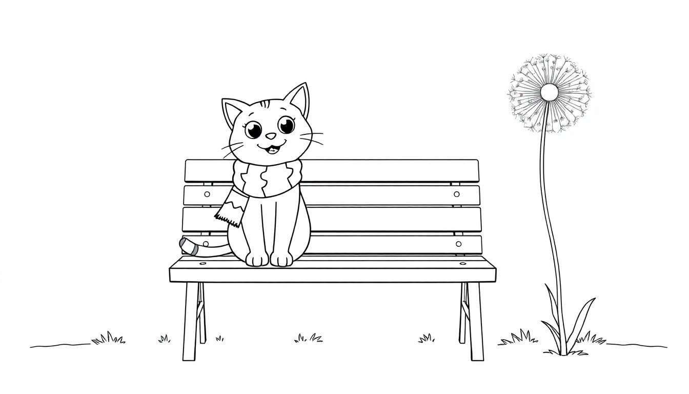 Un gato con bufanda sentado en un banco junto a un diente de león, listo para ser coloreado, ideal para una placa de color.
