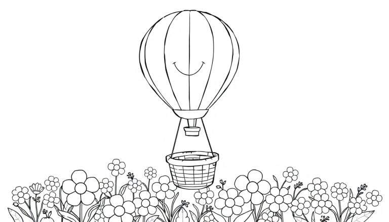 Un globo aerostático sonriente sobre un campo de flores en blanco y negro, un dibujo para colorear.