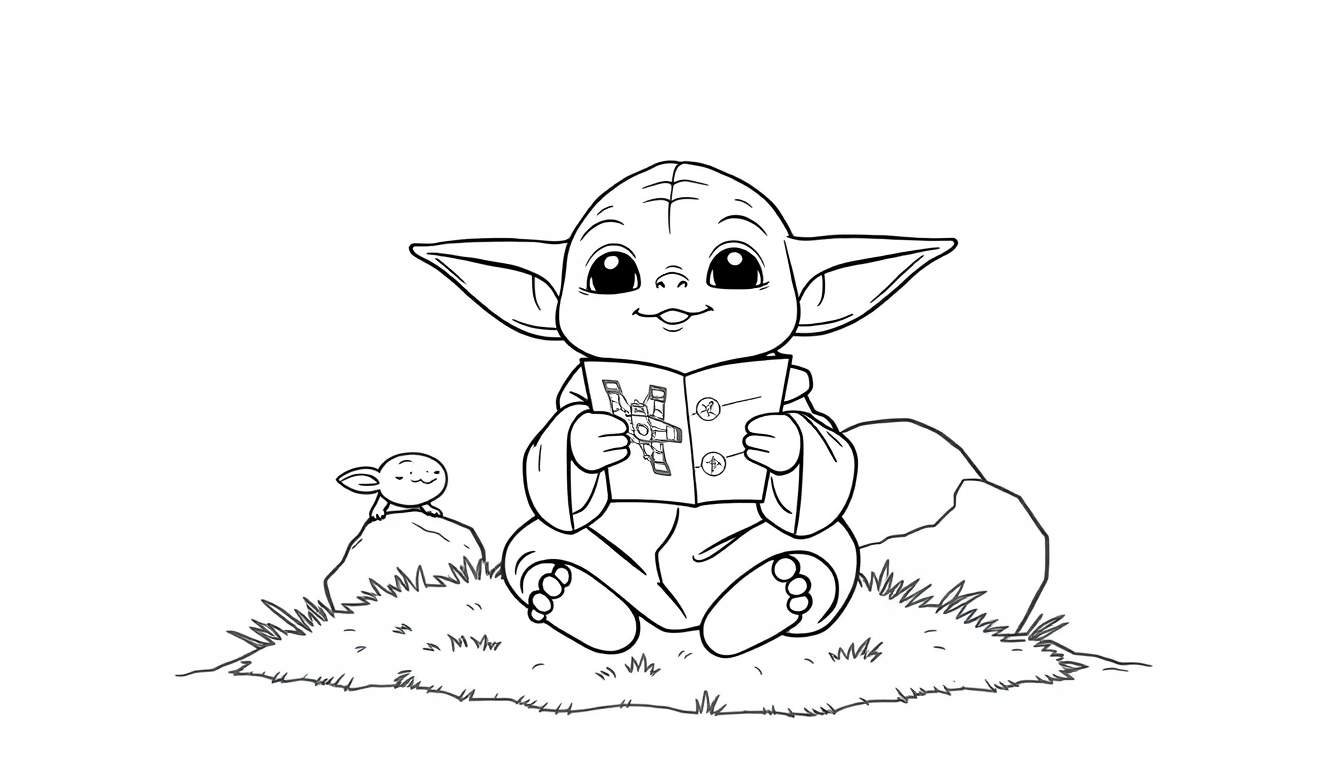 Placa de color de Baby Yoda leyendo un libro de naves espaciales.