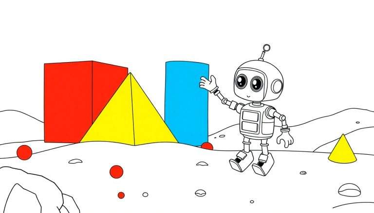 Robot de dibujos animados tocando un cilindro azul en la superficie lunar, rodeado de formas geométricas de colores y pequeñas esferas rojas. Este dibujo se ve como una placa de color para colorear.