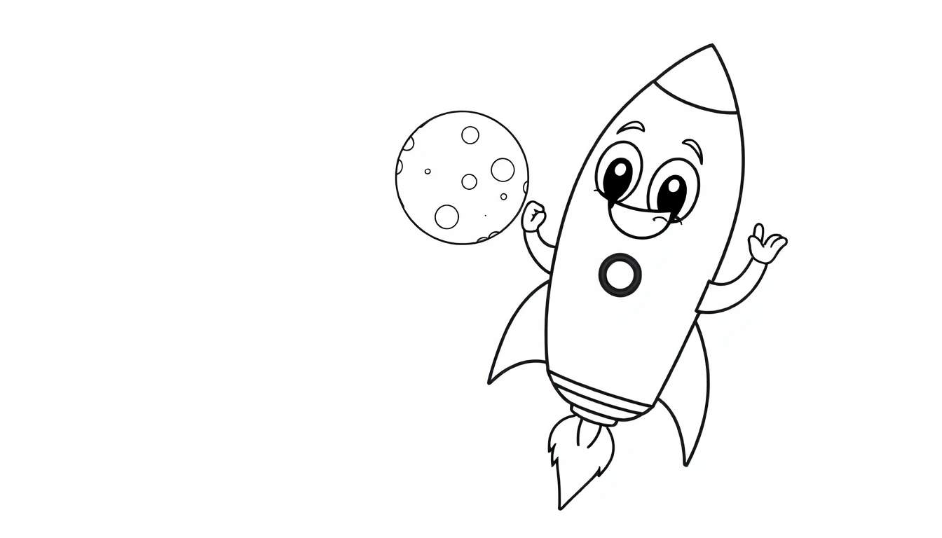 Un cohete de dibujos animados con una cara sonriente saludando a la luna, listo para colorear con una placa de color.