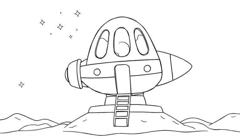 Dibujo de una nave espacial amigable sobre una colina lunar con estrellas en el cielo, lista para colorear con su placa de color.