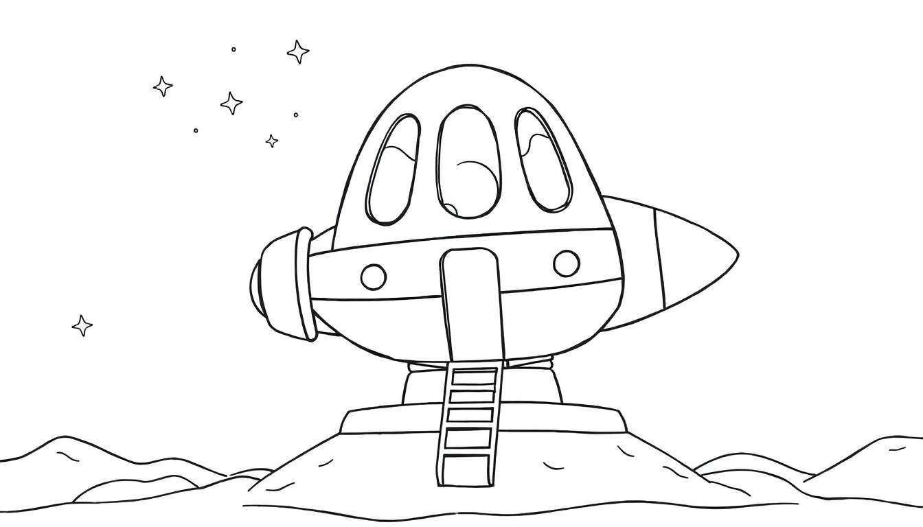 Dibujo de una nave espacial amigable sobre una colina lunar con estrellas en el cielo, lista para colorear con su placa de color.