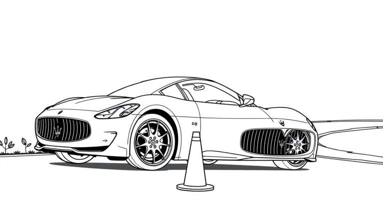 Un coche deportivo Maserati en blanco y negro listo para colorear, con un cono de tráfico y hierba al lado.