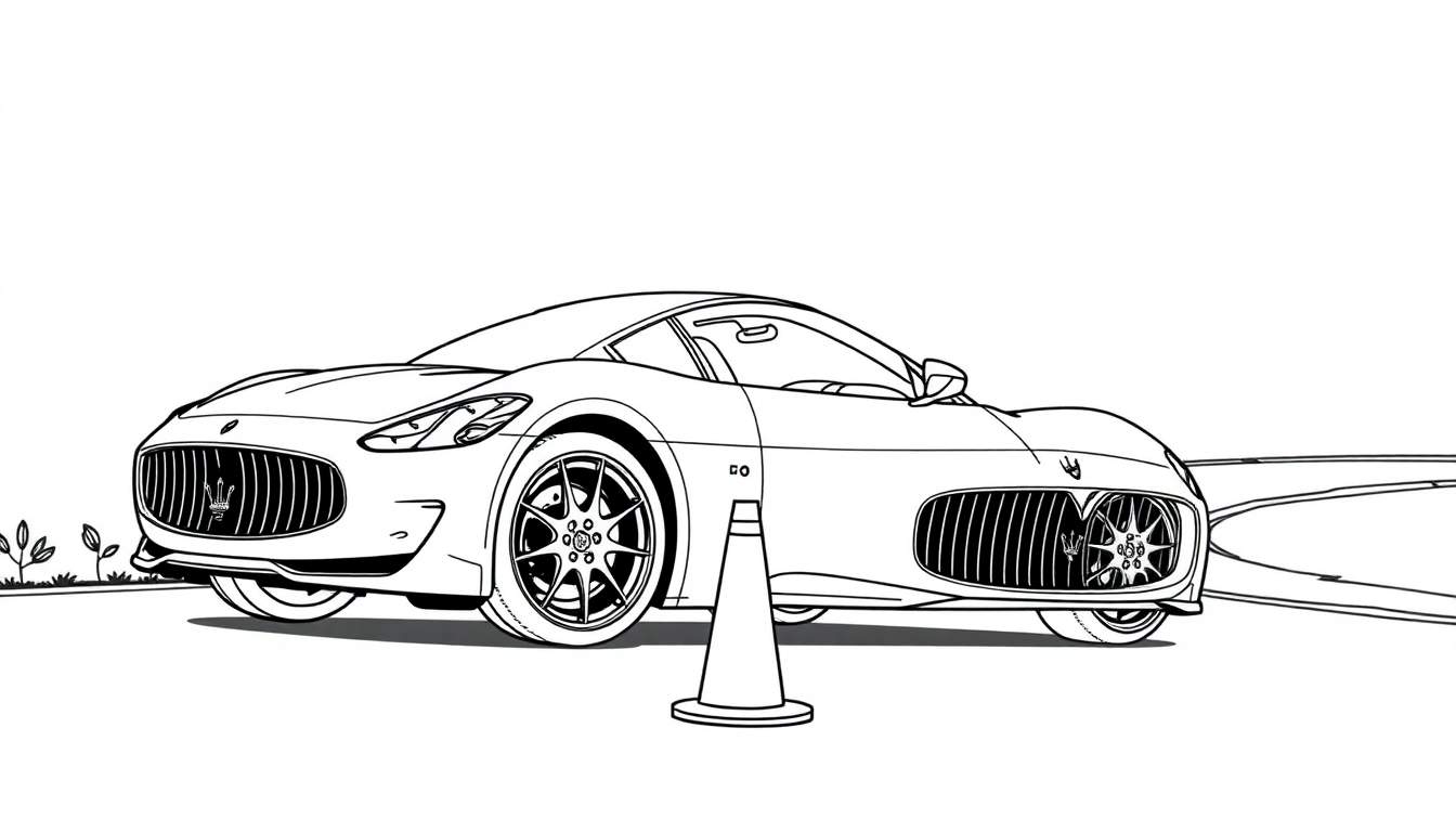 Un coche deportivo Maserati en blanco y negro listo para colorear, con un cono de tráfico y hierba al lado.