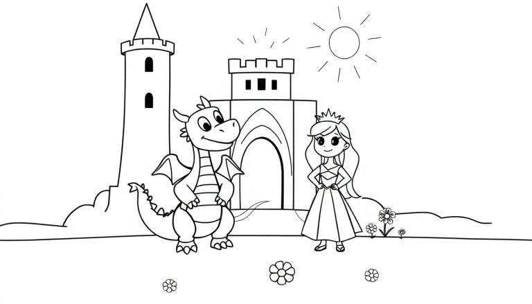 Placa de color: Un dragón amigable y una princesa sonriendo frente a un castillo mágico con un sol brillante.