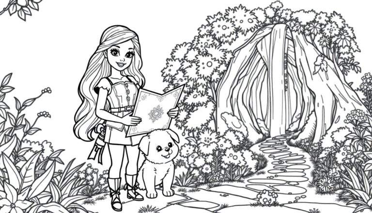 Placa de color Barbie exploradora con su cachorro en un bosque mágico.