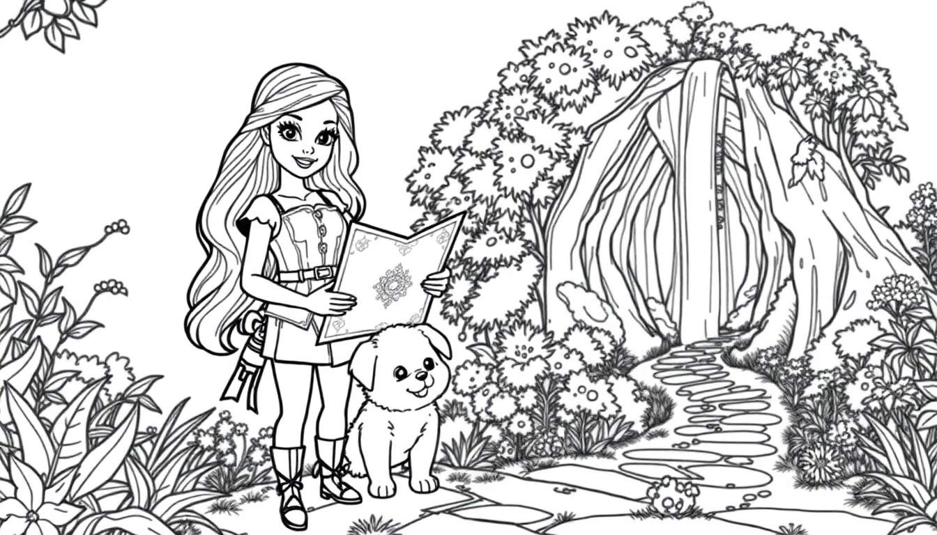Placa de color Barbie exploradora con su cachorro en un bosque mágico.