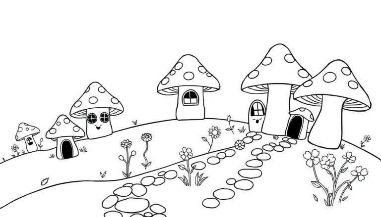 Página para colorear mágica de setas con un camino de piedra y flores.