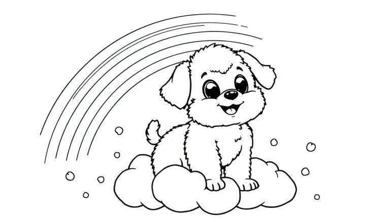 Placa de color de un perrito azul sentado en una nube con un arcoíris.