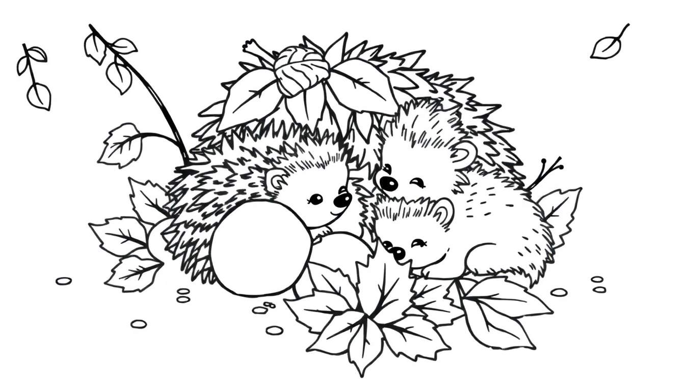 Ilustración en blanco y negro de tres adorables erizos jugando entre hojas de otoño, uno sostiene una bellota.