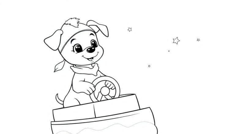 Placa de color de un perrito pirata con gorro y pañuelo navegando en un barco bajo un cielo estrellado.