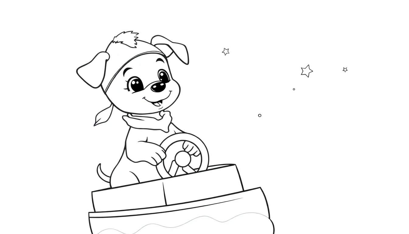 Placa de color de un perrito pirata con gorro y pañuelo navegando en un barco bajo un cielo estrellado.