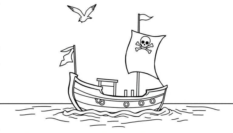 Placa de color de un barco pirata con calavera y bandera.