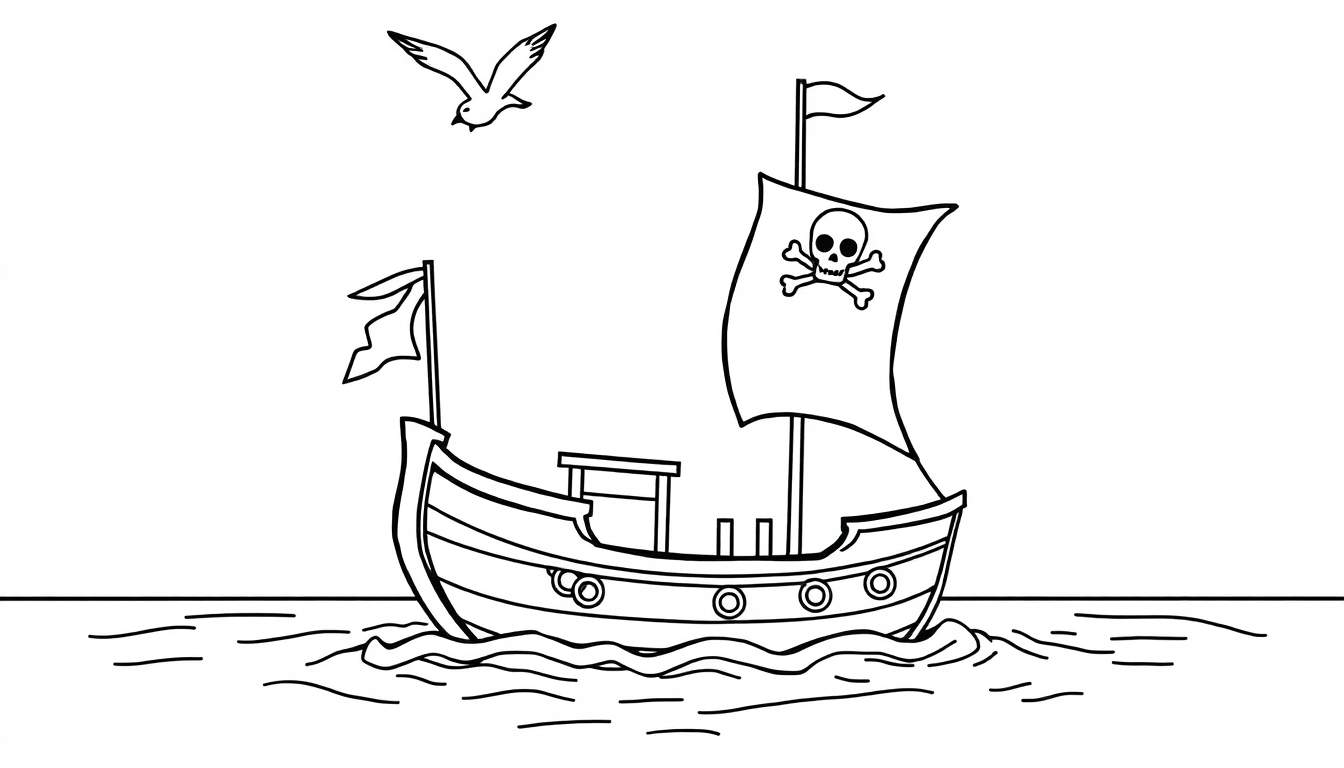 Placa de color de un barco pirata con calavera y bandera.