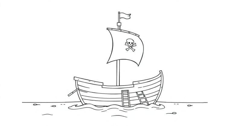 Barco pirata en blanco y negro, listo para colorear, con calavera y tibias cruzadas en la vela. Una placa de color para la aventura.