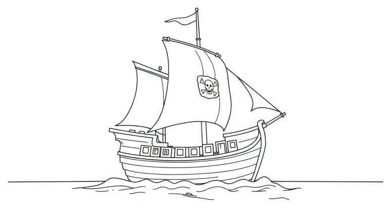 Un barco pirata para colorear en blanco y negro, con una calavera y tibias cruzadas en la vela, navegando en aguas tranquilas. Es una placa de color para imprimir.