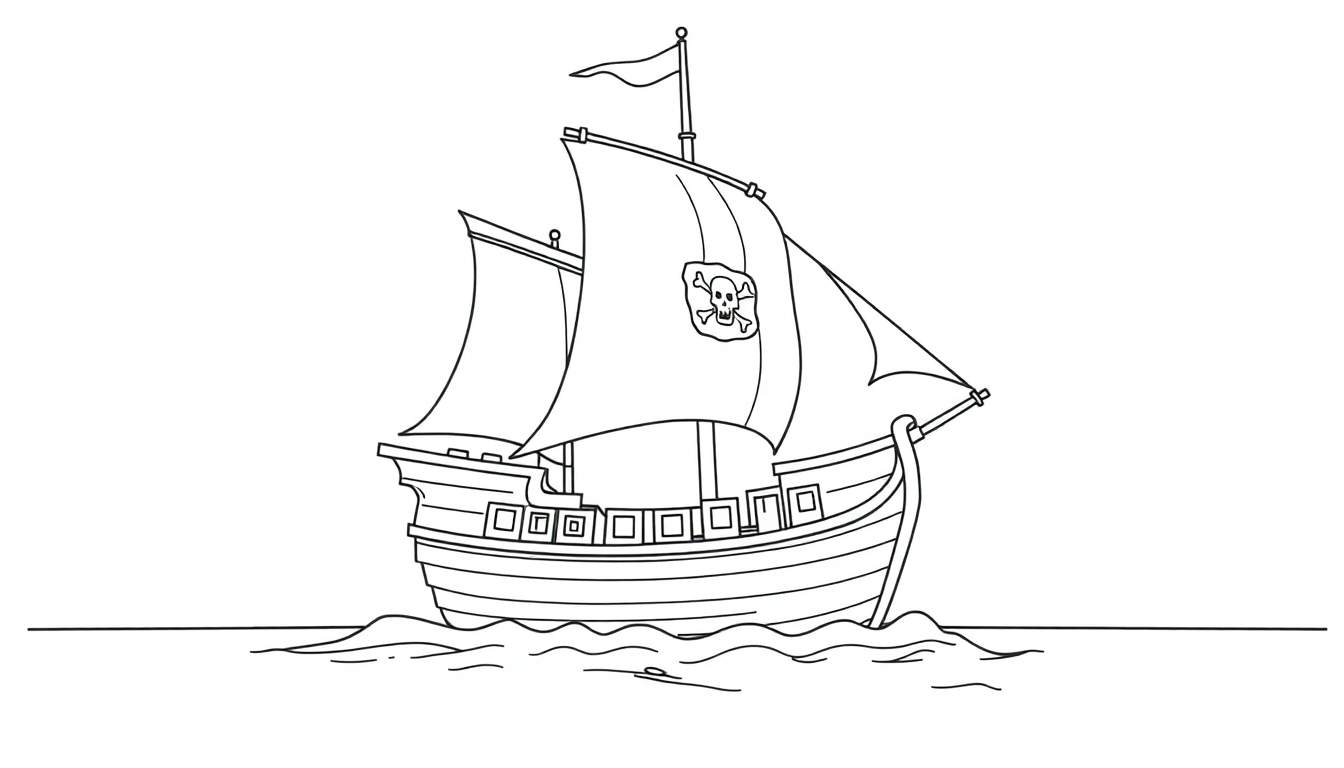 Un barco pirata para colorear en blanco y negro, con una calavera y tibias cruzadas en la vela, navegando en aguas tranquilas. Es una placa de color para imprimir.