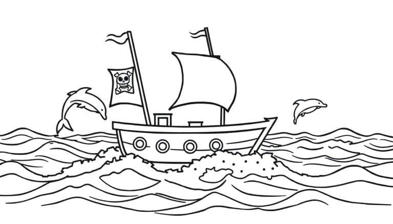 Placa de color de un barco pirata con dos mástiles y una bandera de calavera, rodeado de olas y delfines juguetones.