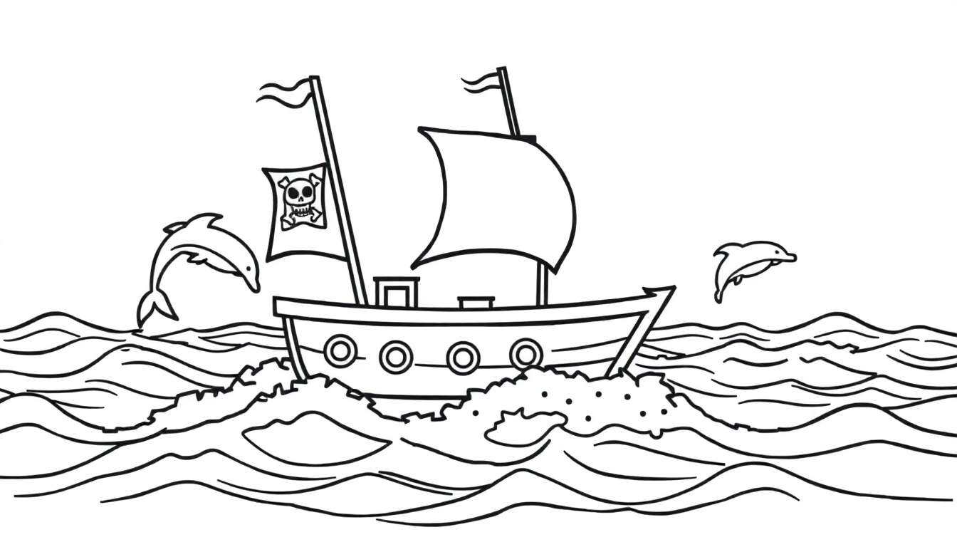 Placa de color de un barco pirata con dos mástiles y una bandera de calavera, rodeado de olas y delfines juguetones.