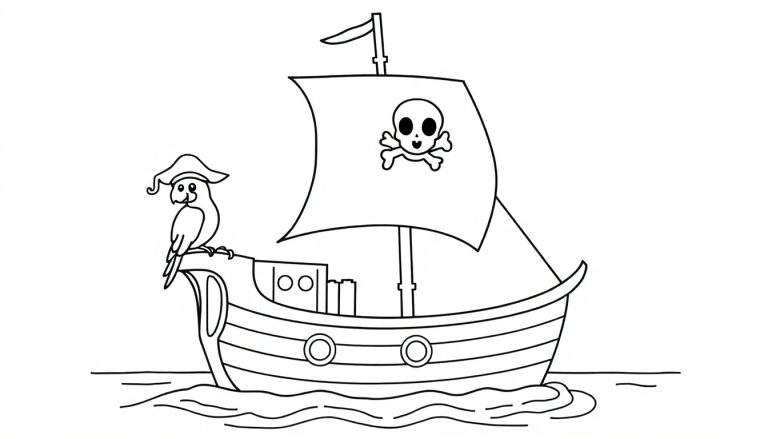 Barco pirata de dibujos animados en blanco y negro con un loro en la proa, página para colorear de placa de color.
