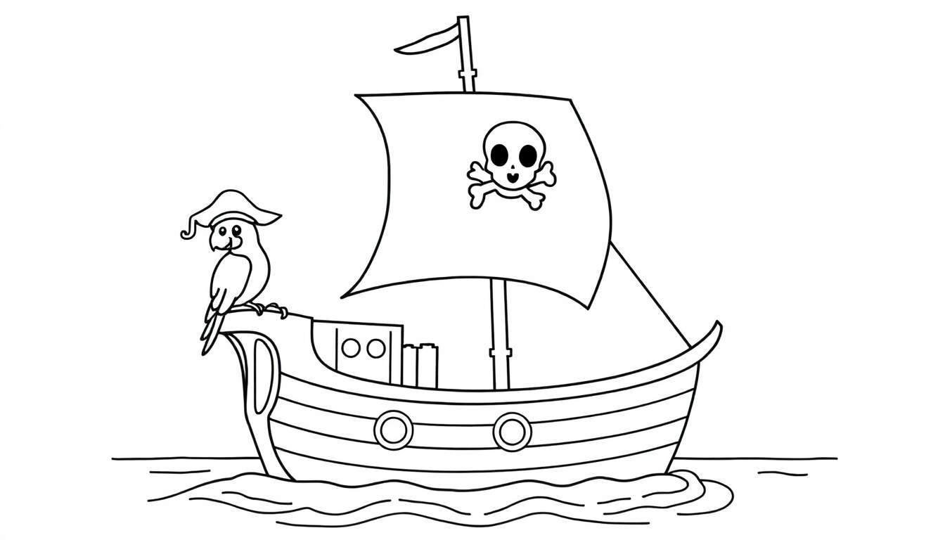 Barco pirata de dibujos animados en blanco y negro con un loro en la proa, página para colorear de placa de color.