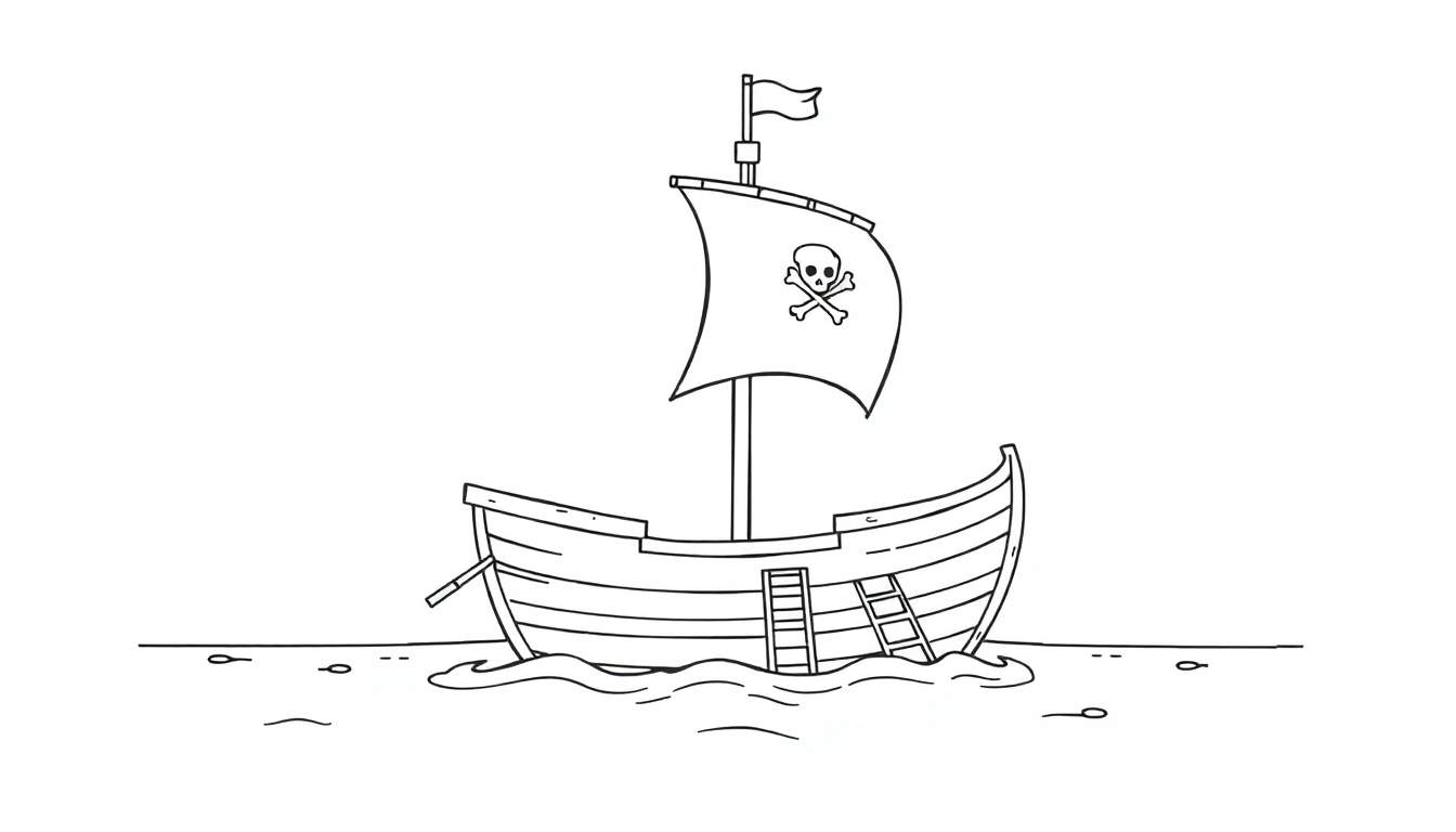 Barco pirata en blanco y negro, listo para colorear, con calavera y tibias cruzadas en la vela. Una placa de color para la aventura.