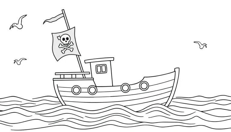 Un barco pirata con calavera y tibias cruzadas navegando en un mar con tres gaviotas volando, listo para colorear en la placa de color.