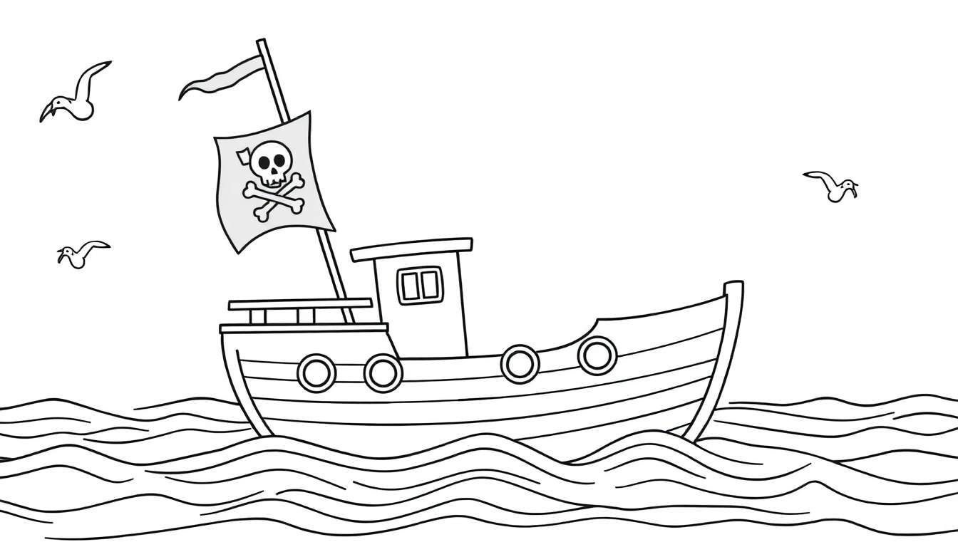 Un barco pirata con calavera y tibias cruzadas navegando en un mar con tres gaviotas volando, listo para colorear en la placa de color.