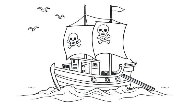 Placa de barco pirata lista para colorear con dos mástiles y velas de calavera y tibias cruzadas.