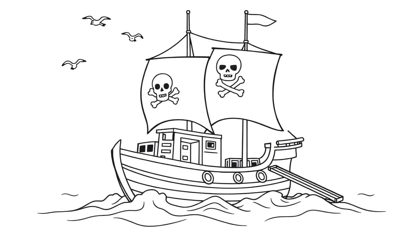 Placa de barco pirata lista para colorear con dos mástiles y velas de calavera y tibias cruzadas.