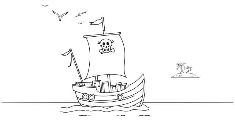 Un barco pirata con la placa de color de calavera y tibias cruzadas, navegando hacia una isla con dos palmeras y gaviotas volando, listo para colorear.