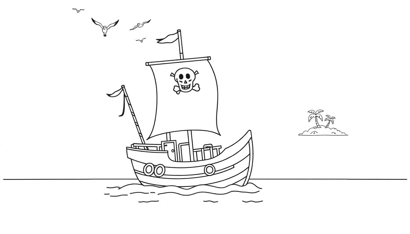 Un barco pirata con la placa de color de calavera y tibias cruzadas, navegando hacia una isla con dos palmeras y gaviotas volando, listo para colorear.