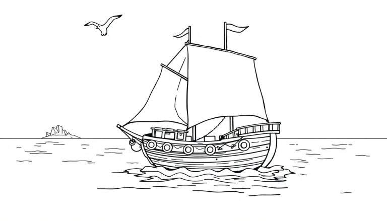 Un buque pirata en blanco y negro, listo para ser coloreado, con dos velas grandes, banderas y salvavidas, navegando en un mar tranquilo hacia una isla rocosa con un pájaro volando arriba. Una placa de color para la aventura.