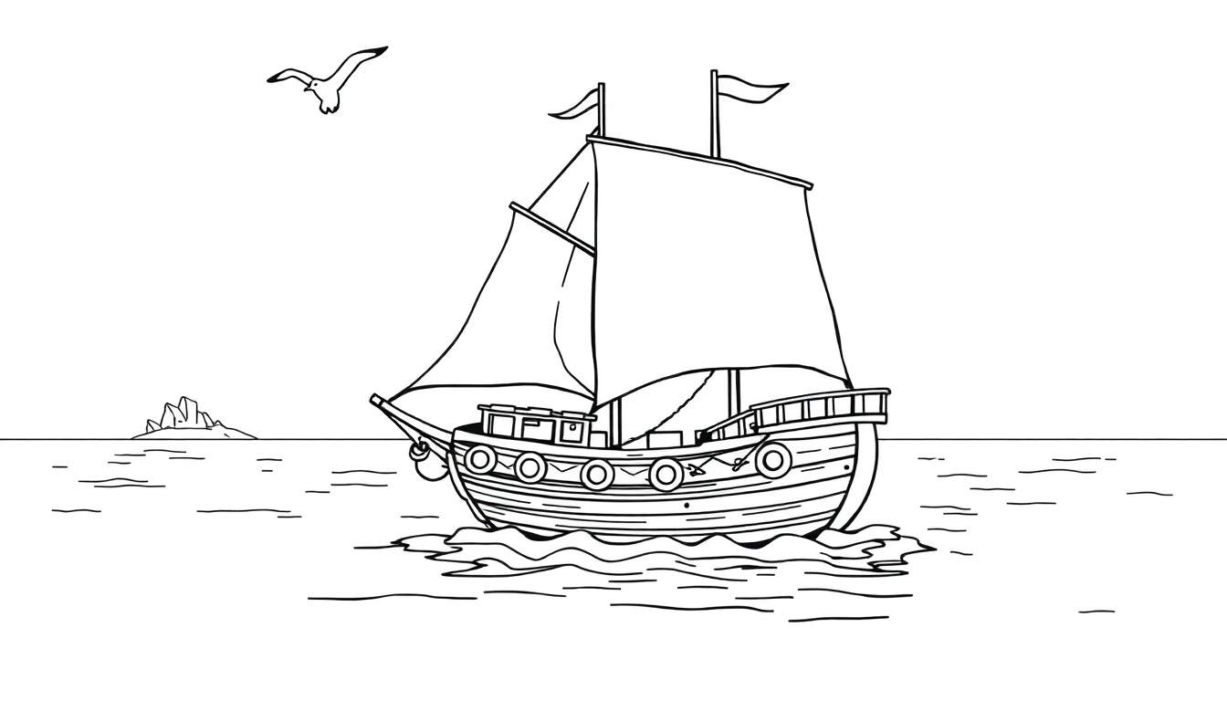 Un buque pirata en blanco y negro, listo para ser coloreado, con dos velas grandes, banderas y salvavidas, navegando en un mar tranquilo hacia una isla rocosa con un pájaro volando arriba. Una placa de color para la aventura.