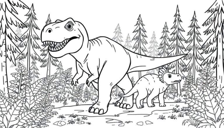 Un dibujo lineal de un T-Rex amigable y un Triceratops en un bosque, perfecto para colorear.