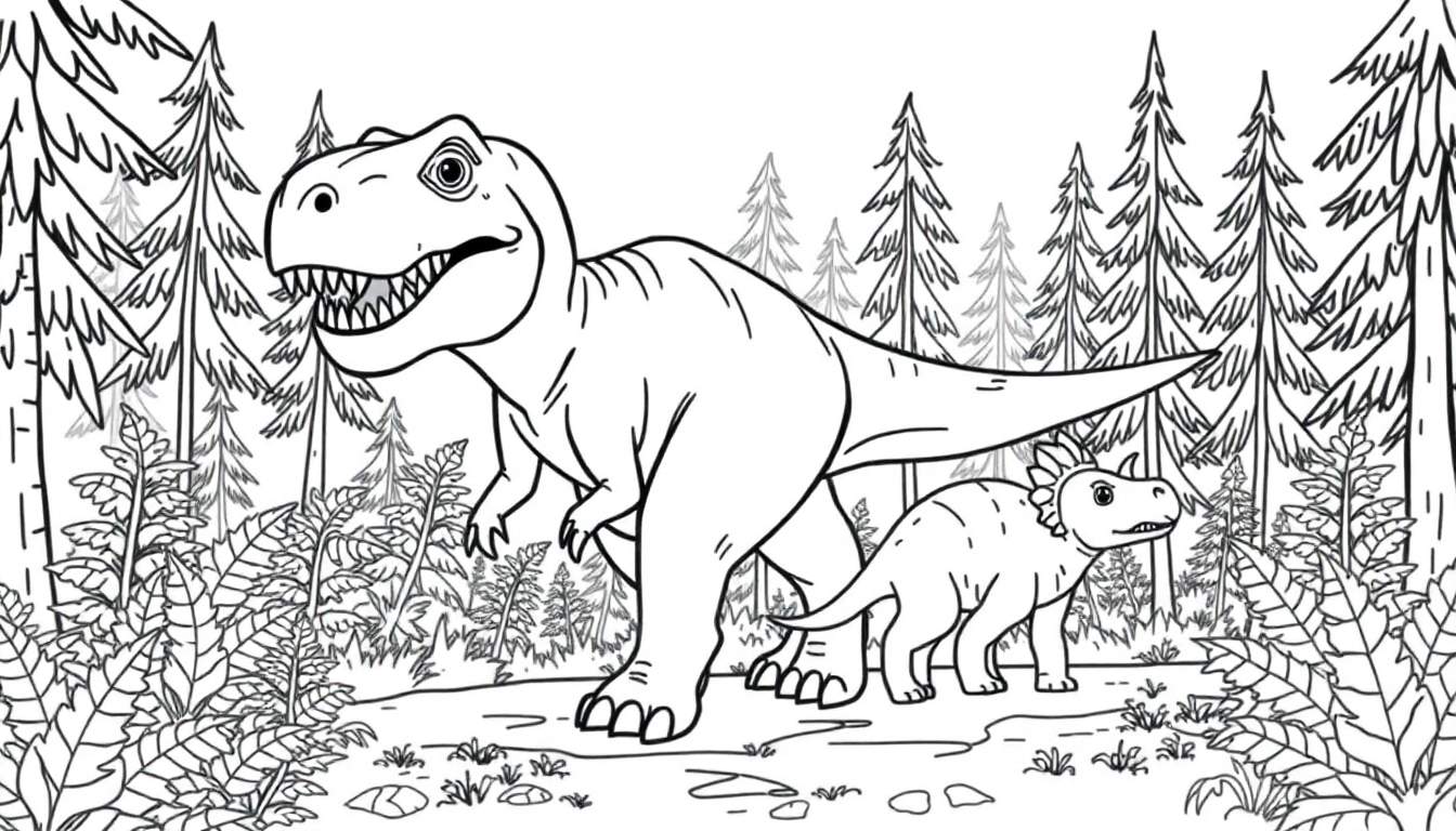 Un dibujo lineal de un T-Rex amigable y un Triceratops en un bosque, perfecto para colorear.