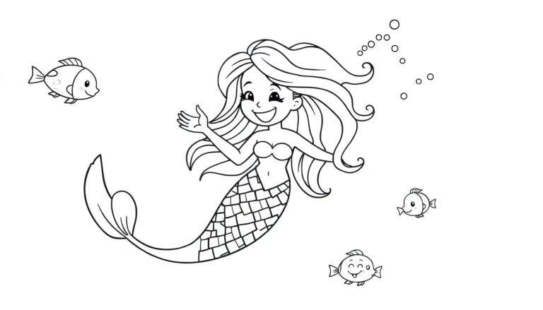 Placa de color de una sirena sonriente saludando a peces amigables en el océano.