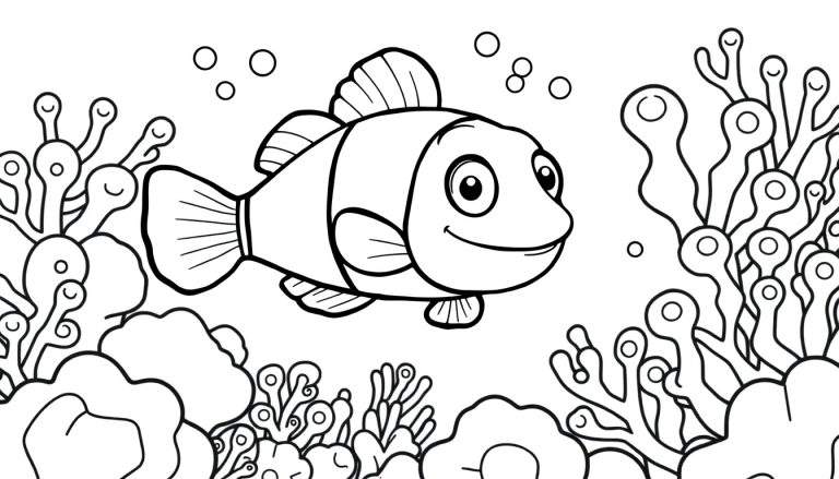 Página para colorear en blanco y negro de un pez payaso sonriente con burbujas y plantas marinas.