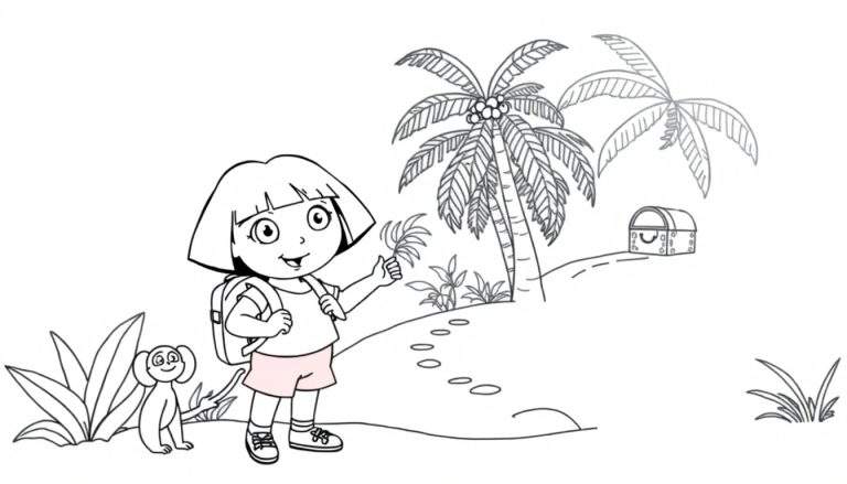 Dora la Exploradora y Boots en una isla tropical, lista para colorear. Placa de color para la aventura.